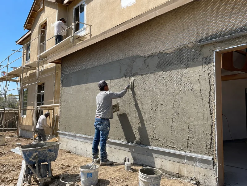 Brown coat going on over metal lath and weep screed on a two-story new build under scaffold