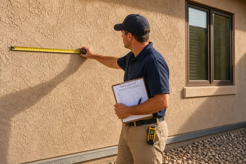 Estimator running a tape along a stucco elevation with the written estimate on a clipboard