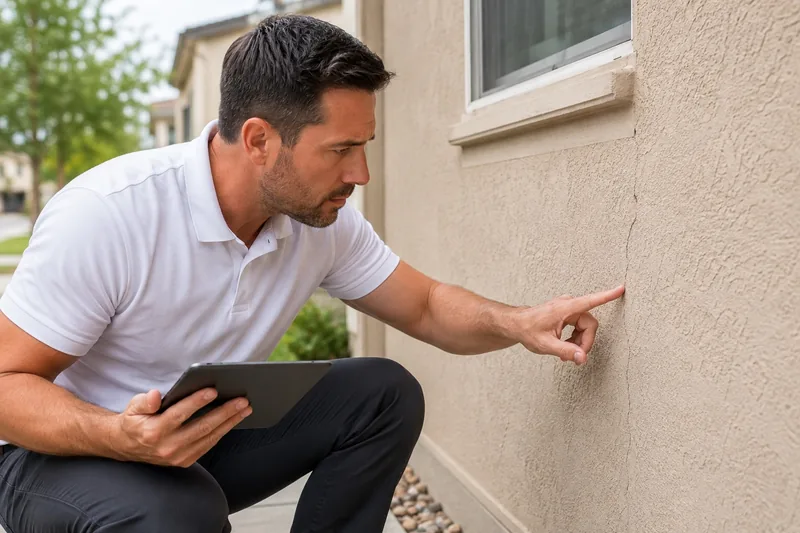 Diagonal crack running out from a window corner, inspected before a repair is scoped