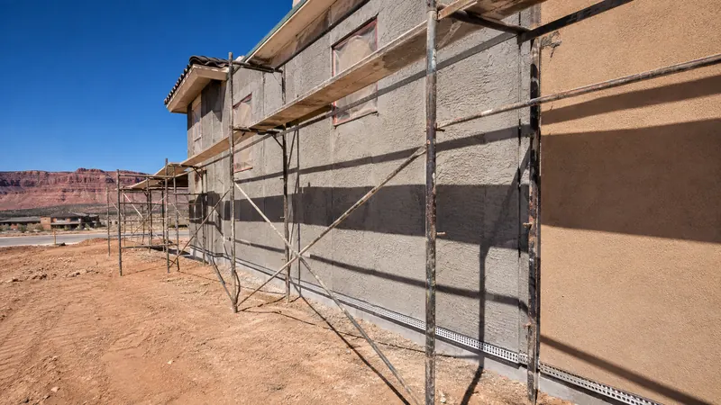 Scratch coat on a new construction stucco wall, scaffolding up and red rock cliffs behind