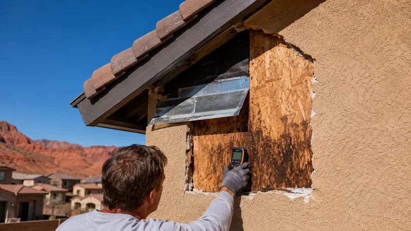 Kickout flashing and moisture-stained sheathing exposed during stucco remediation