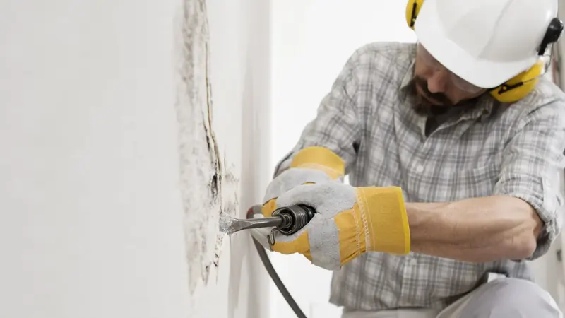 Routing out a stucco crack before filling it with elastomeric sealant