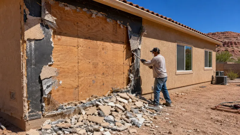 Stucco tear-off exposing plywood sheathing and torn water-resistive barrier on a St. George home