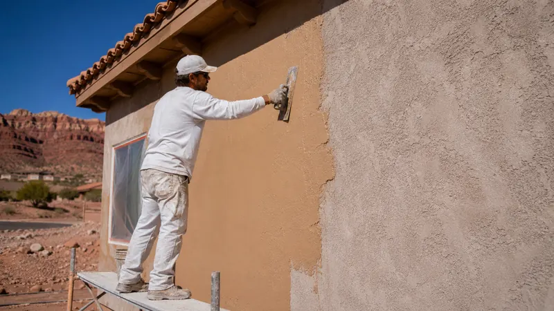 Fresh finish coat troweled over a faded wall during stucco resurfacing and recoating