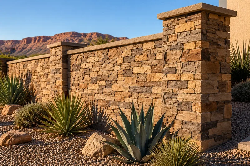 Stone veneer carried up a block wall pilaster