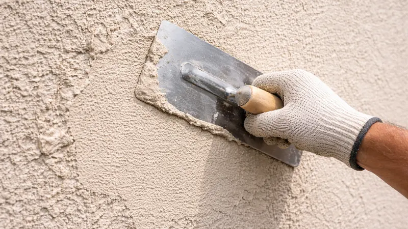 Acrylic stucco finish troweled over a prepared base coat